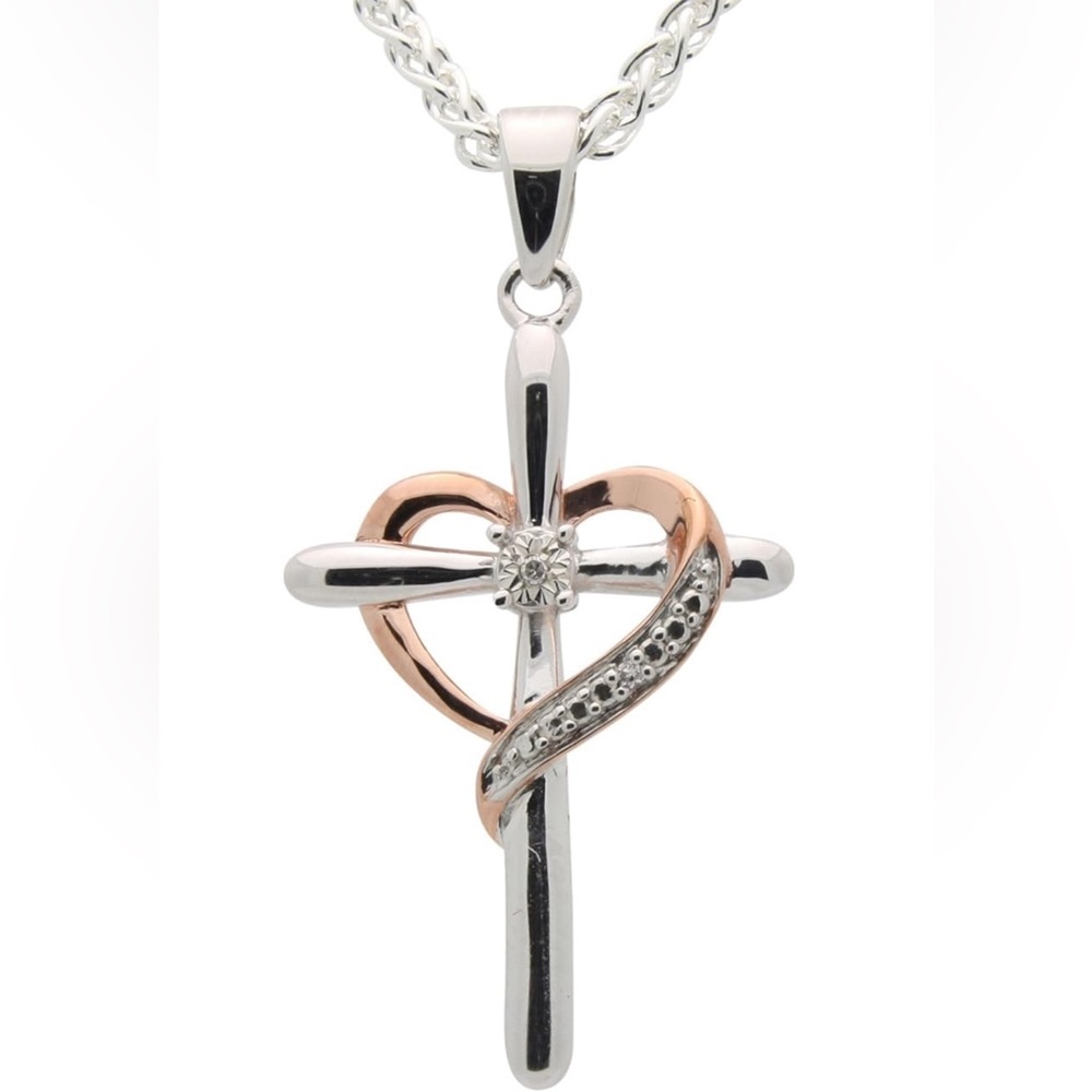 925 Sterling Silver Heart Shaped Diamond Cross Necklace